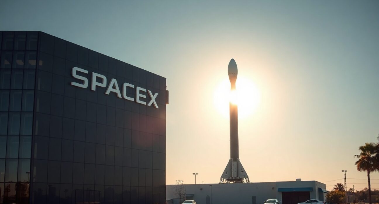 SpaceX headquarters and Falcon 9 rocket at Hawthorne facility during golden hour