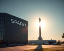 SpaceX headquarters and Falcon 9 rocket at Hawthorne facility during golden hour