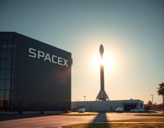 SpaceX headquarters and Falcon 9 rocket at Hawthorne facility during golden hour