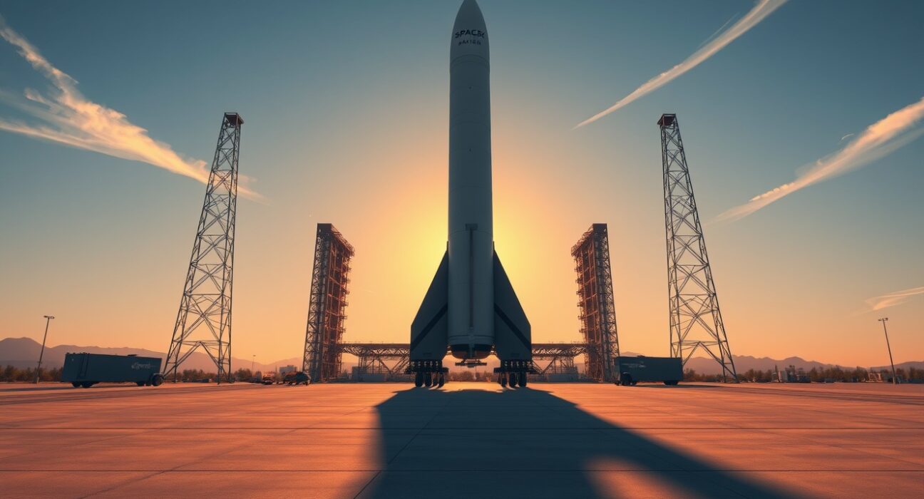 SpaceX Starship rocket on launch pad at dawn with golden sunrise lighting