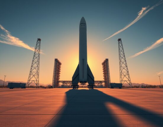 SpaceX Starship rocket on launch pad at dawn with golden sunrise lighting