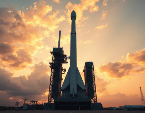 SpaceX Falcon 9 rocket on launch pad at sunset with clear sky background