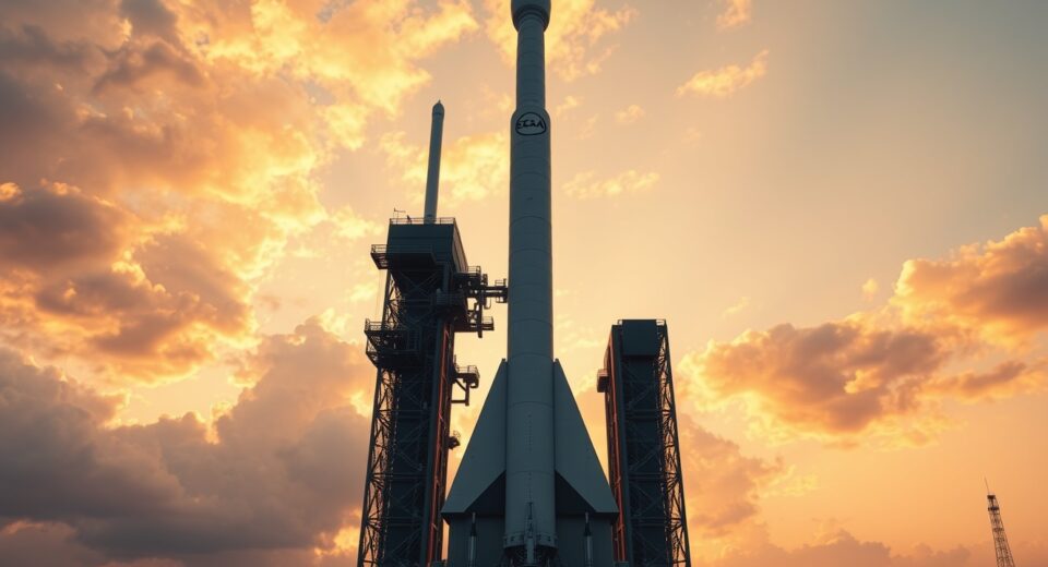 SpaceX Falcon 9 rocket on launch pad at sunset with clear sky background
