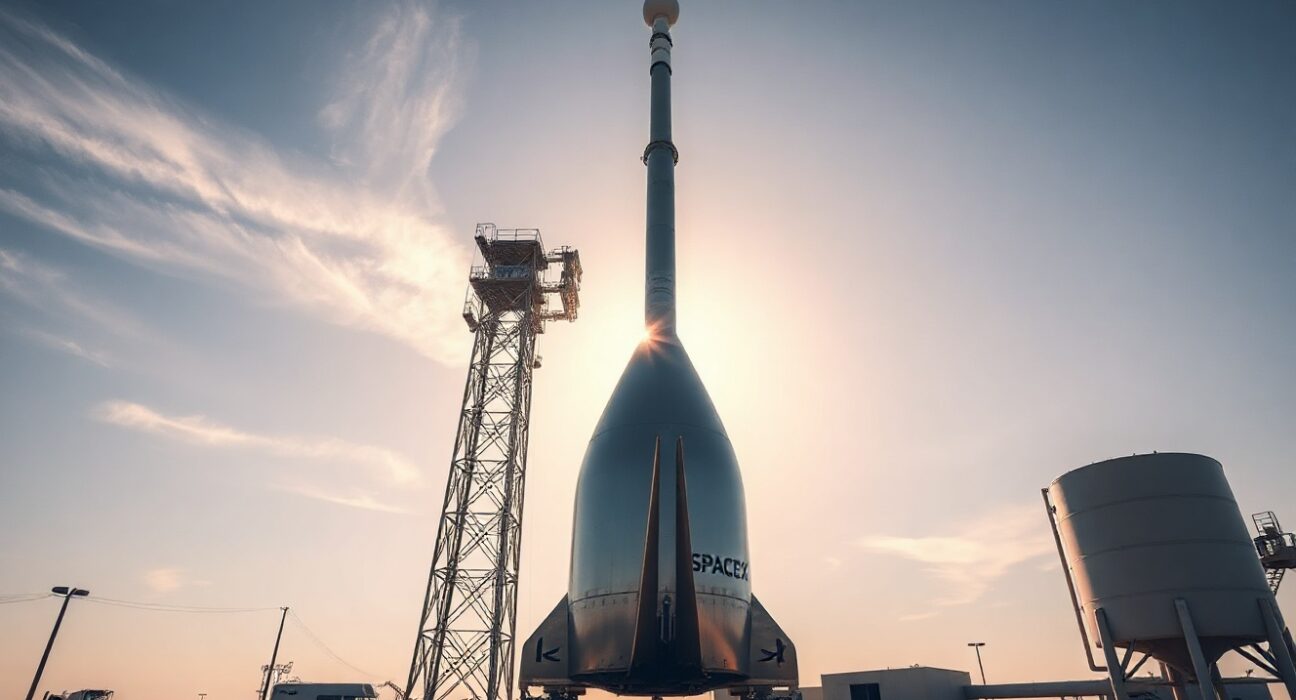 SpaceX rocket on launch pad at dawn, representing the upcoming IPO and complex SPV structures.