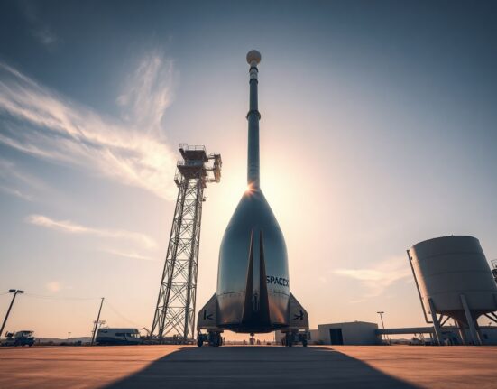 SpaceX rocket on launch pad at dawn, representing the upcoming IPO and complex SPV structures.