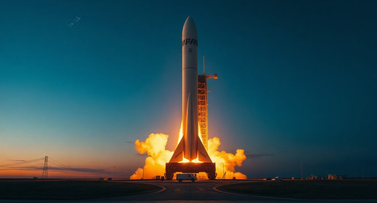 SpaceX Starship launching at dusk with Starlink satellites in the sky
