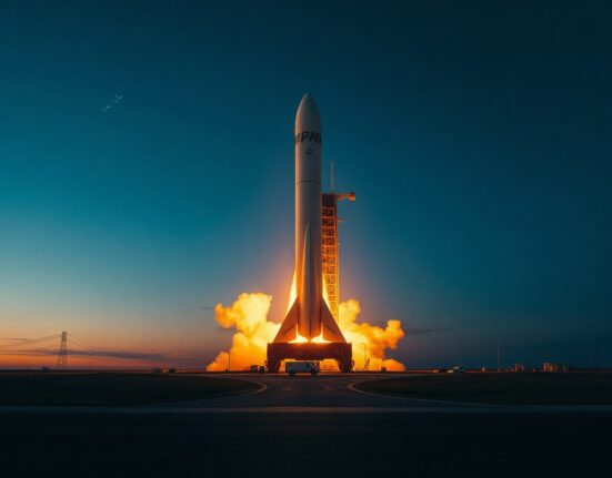 SpaceX Starship launching at dusk with Starlink satellites in the sky