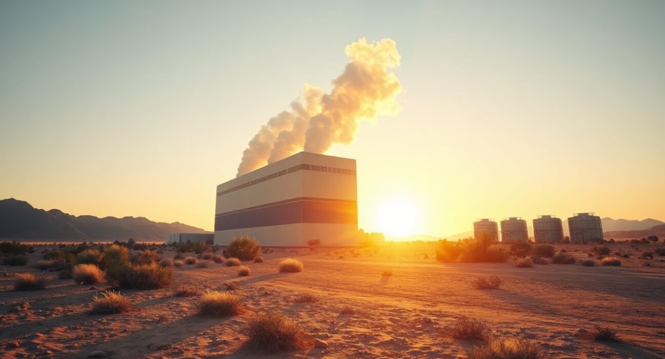 Large data center in a dry desert landscape at sunset, illustrating water scarcity concerns for cooling