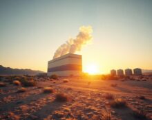 Large data center in a dry desert landscape at sunset, illustrating water scarcity concerns for cooling