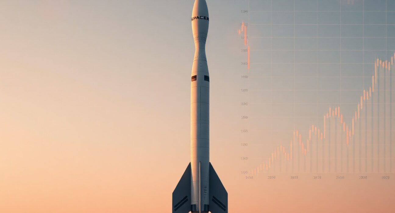 SpaceX rocket launching at dawn with digital financial graphs in the background