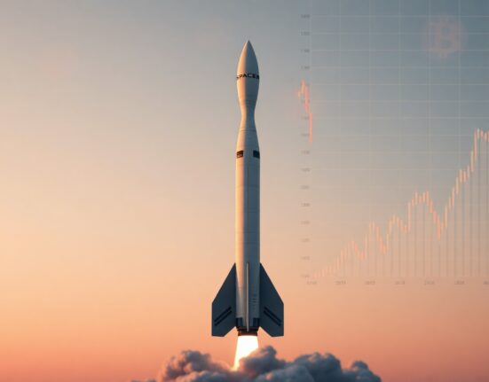 SpaceX rocket launching at dawn with digital financial graphs in the background