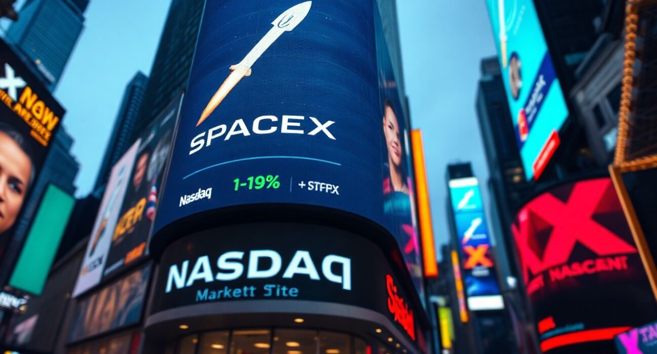 Nasdaq building in Times Square displaying SpaceX stock ticker SPCX with a 19% gain after its IPO debut.