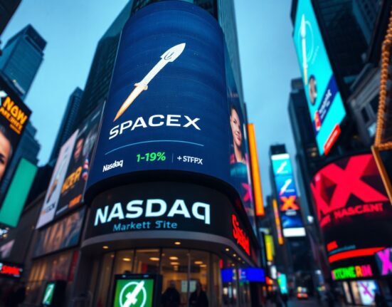 Nasdaq building in Times Square displaying SpaceX stock ticker SPCX with a 19% gain after its IPO debut.