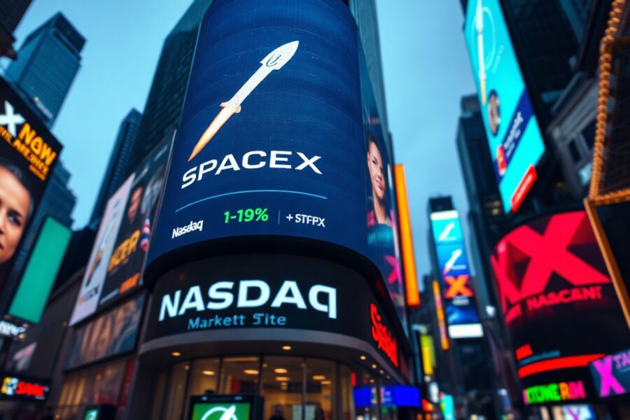 Nasdaq building in Times Square displaying SpaceX stock ticker SPCX with a 19% gain after its IPO debut.