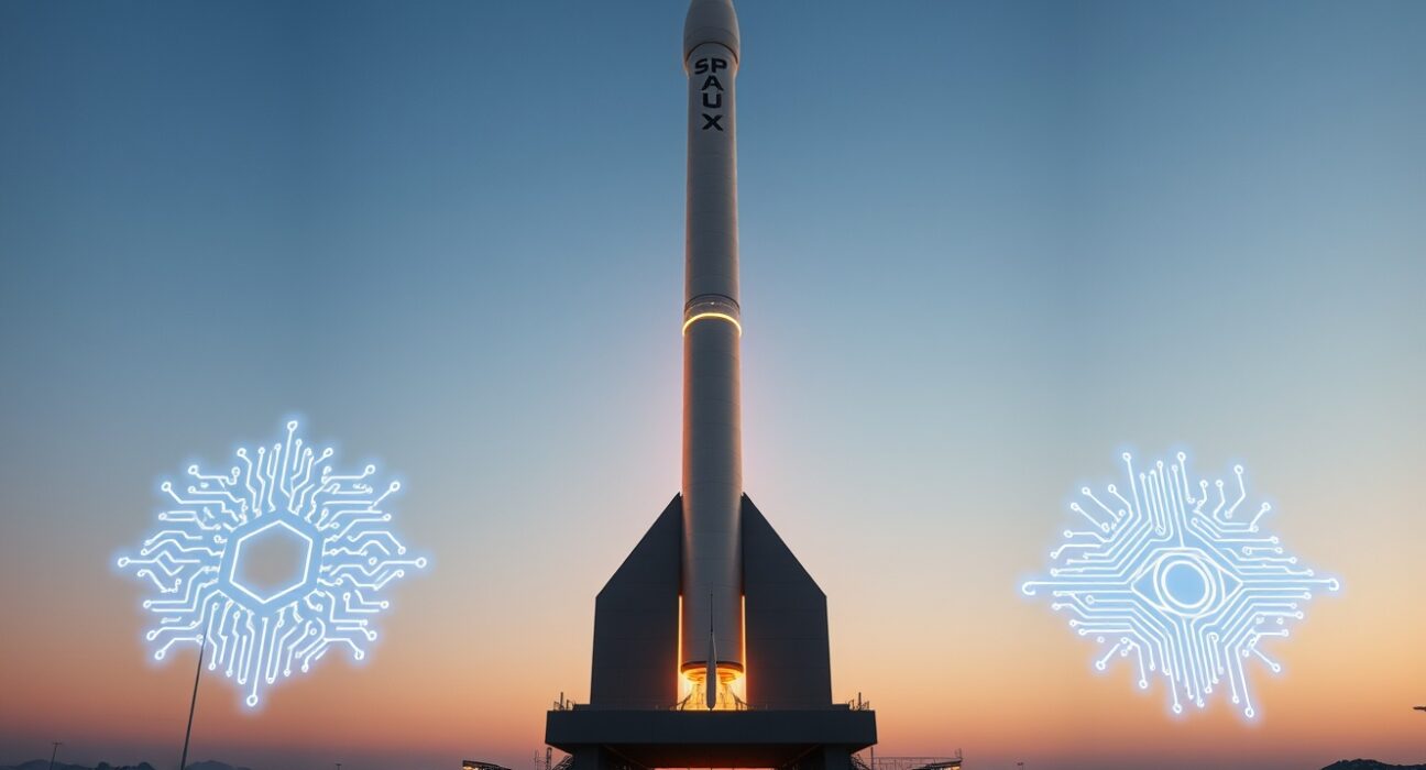 Futuristic rocket launch at dusk with digital data streams and AI symbols in the sky