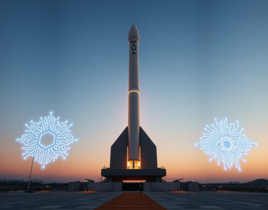 Futuristic rocket launch at dusk with digital data streams and AI symbols in the sky