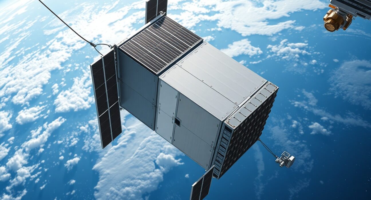 SpaceX orbital data center module in space above Earth, representing the future of off-planet computing infrastructure.