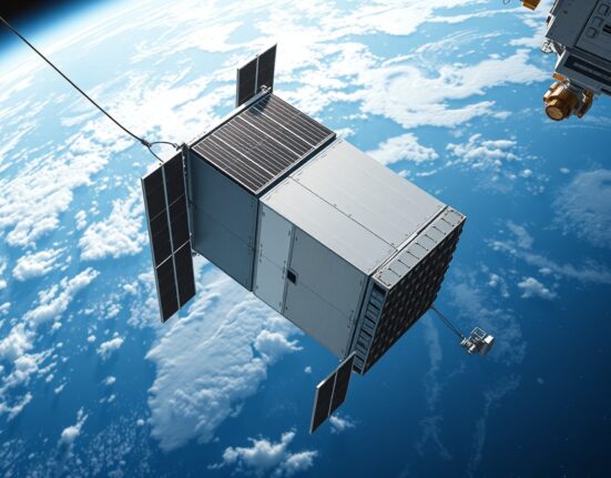 SpaceX orbital data center module in space above Earth, representing the future of off-planet computing infrastructure.