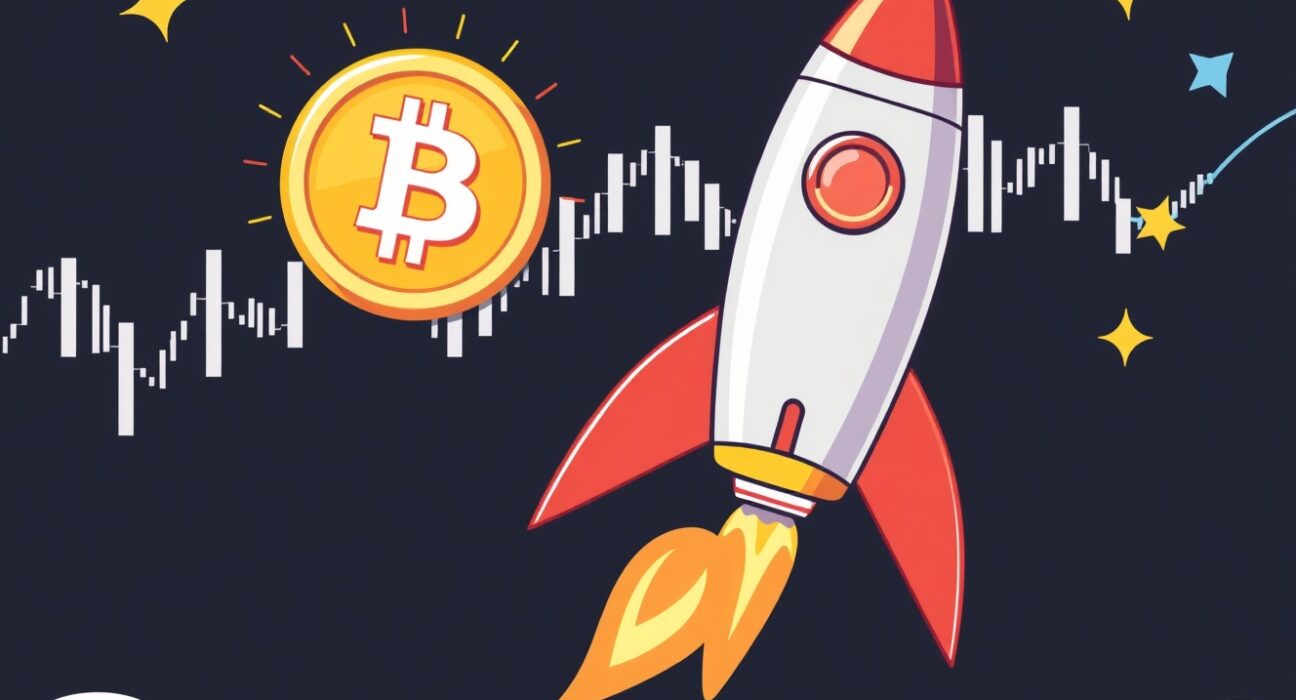 Illustration of SpaceX secondary stock sale connecting rocket growth with digital currency.