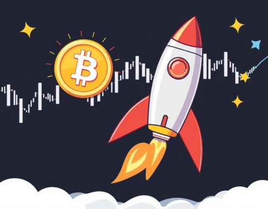 Illustration of SpaceX secondary stock sale connecting rocket growth with digital currency.