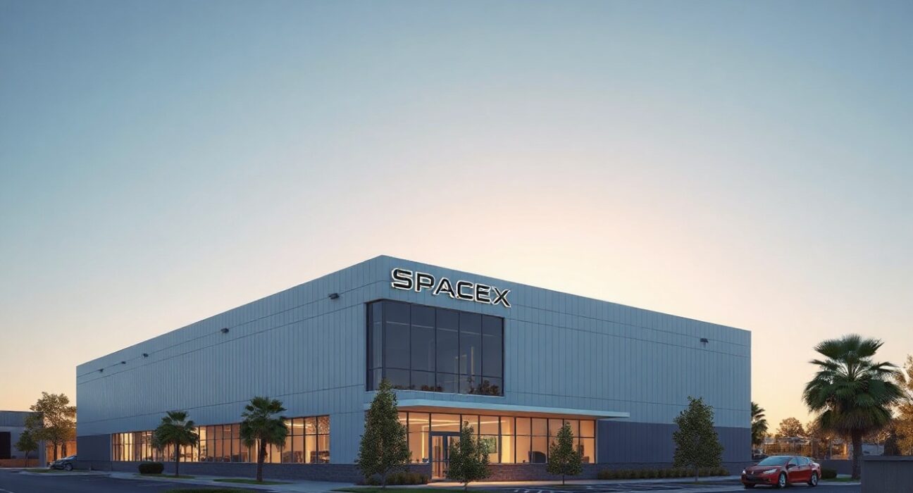 SpaceX headquarters in Hawthorne, California, at sunrise.