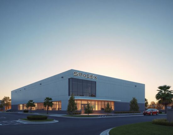 SpaceX headquarters in Hawthorne, California, at sunrise.