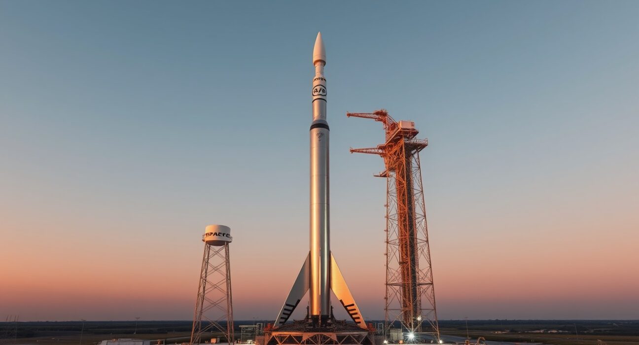 SpaceX Starship rocket on launch pad at sunrise in Boca Chica, Texas