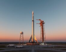 SpaceX Starship rocket on launch pad at sunrise in Boca Chica, Texas
