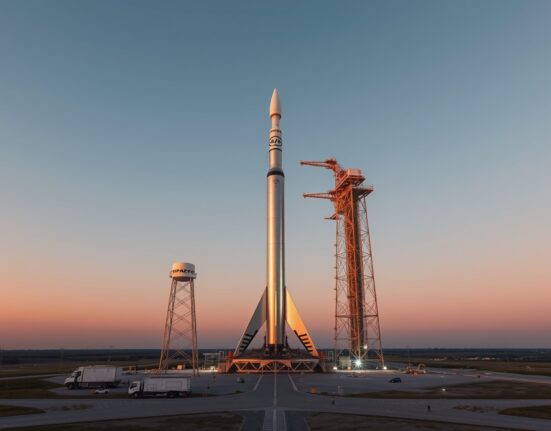 SpaceX Starship rocket on launch pad at sunrise in Boca Chica, Texas