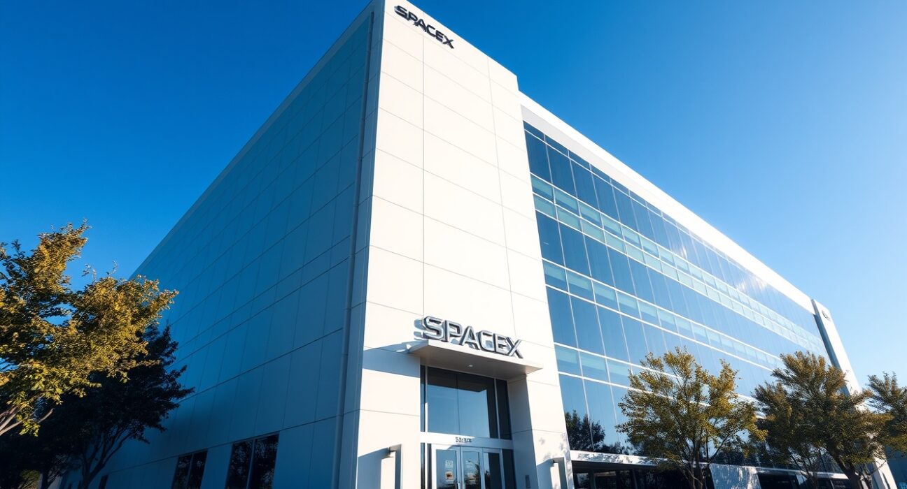 Modern corporate headquarters building with a prominent SpaceX logo, representing the company's stock market debut.