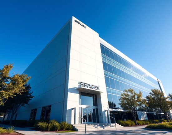 Modern corporate headquarters building with a prominent SpaceX logo, representing the company's stock market debut.
