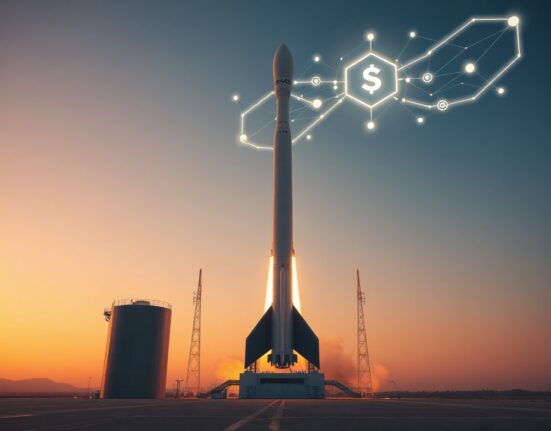 SpaceX rocket launching at sunset with digital blockchain network overlay representing tokenized stock trading on Solana.