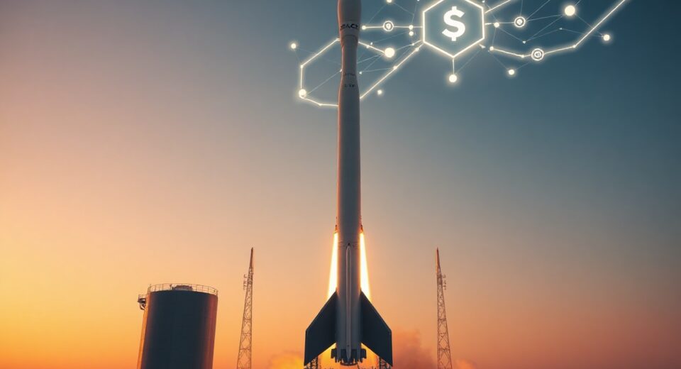 SpaceX rocket launching at sunset with digital blockchain network overlay representing tokenized stock trading on Solana.