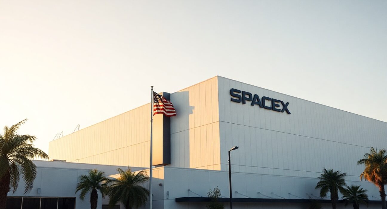 Exterior of SpaceX headquarters in Hawthorne, California, at sunrise.
