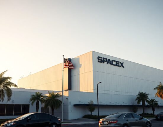 Exterior of SpaceX headquarters in Hawthorne, California, at sunrise.