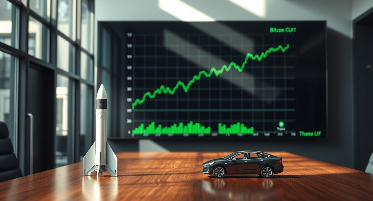 Bitcoin price chart displayed in a modern office with SpaceX and Tesla memorabilia on desk