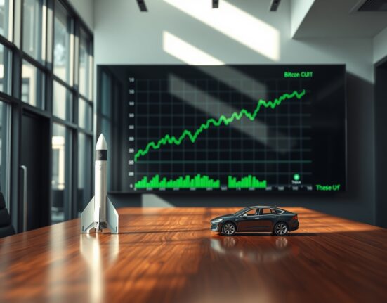 Bitcoin price chart displayed in a modern office with SpaceX and Tesla memorabilia on desk