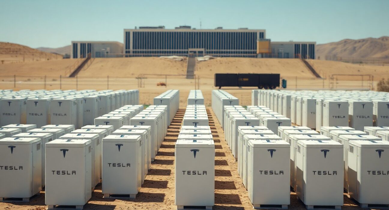 Tesla Megapack battery units at a data center site