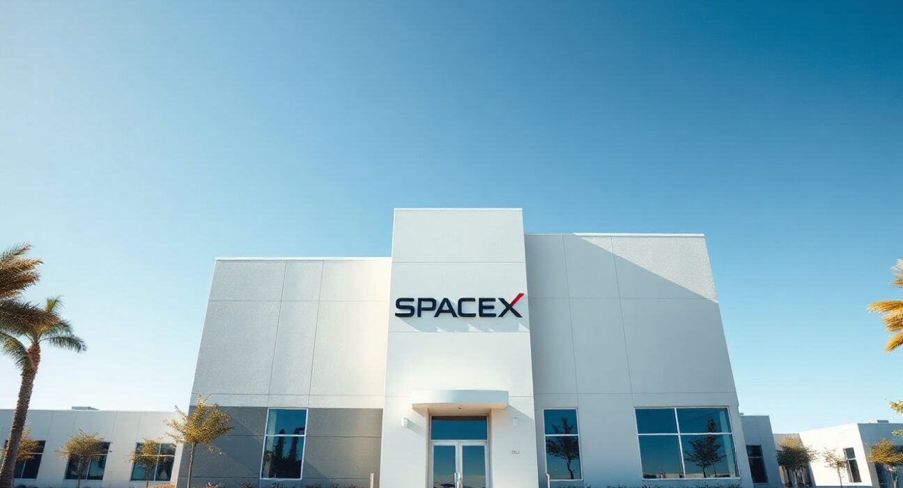 Exterior of SpaceX headquarters in Hawthorne, California on a sunny day.