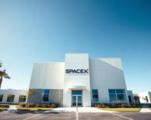 Exterior of SpaceX headquarters in Hawthorne, California on a sunny day.