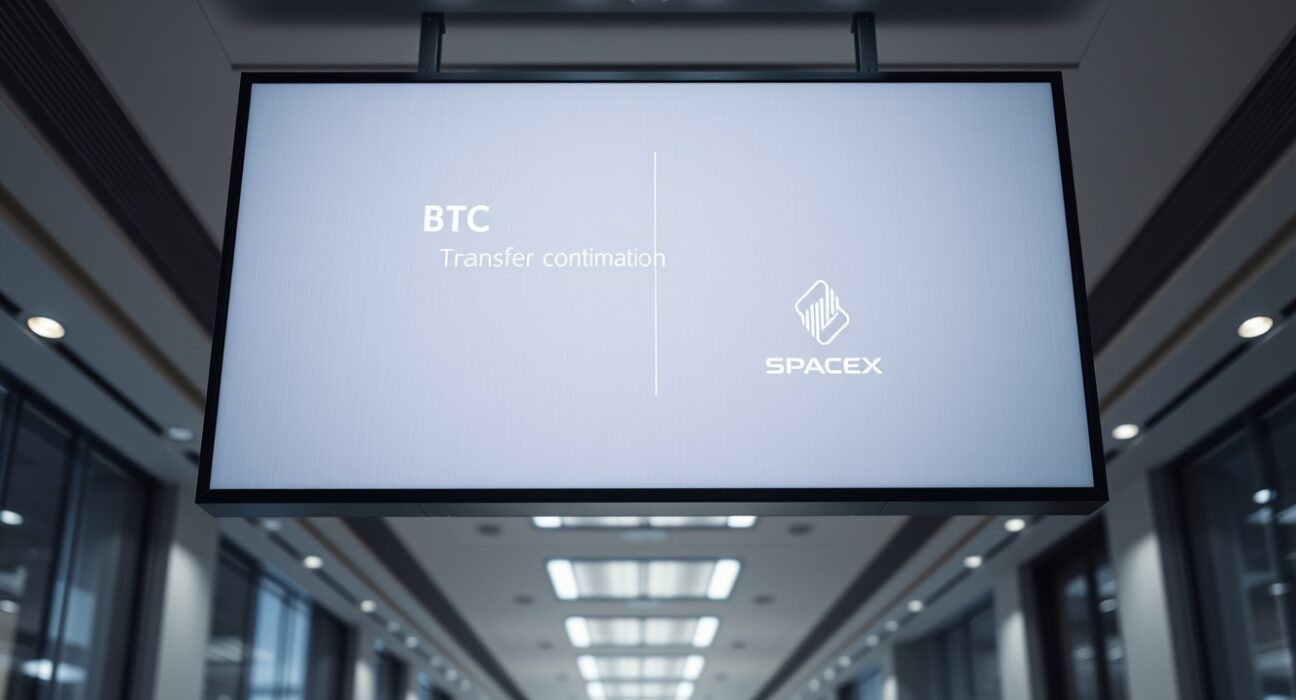Digital screen displaying a Bitcoin blockchain transaction interface in a modern corporate office