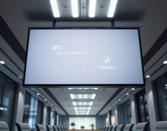 Digital screen displaying a Bitcoin blockchain transaction interface in a modern corporate office