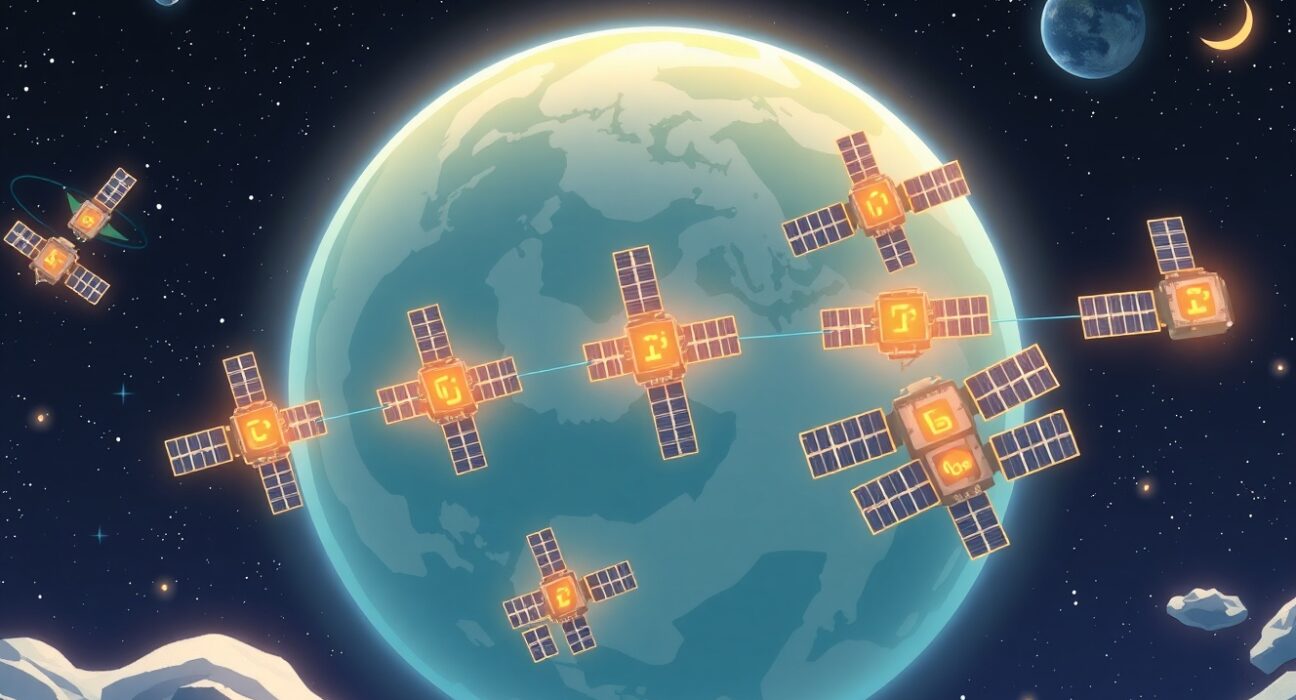 Concept of SpaceX and xAI building AI data centers in Earth's orbit to solve energy demands.