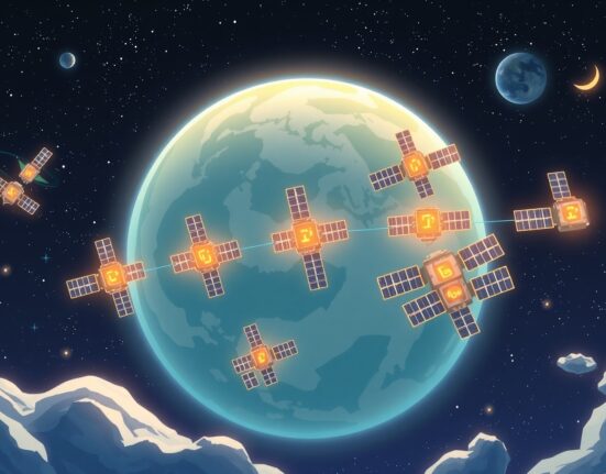 Concept of SpaceX and xAI building AI data centers in Earth's orbit to solve energy demands.