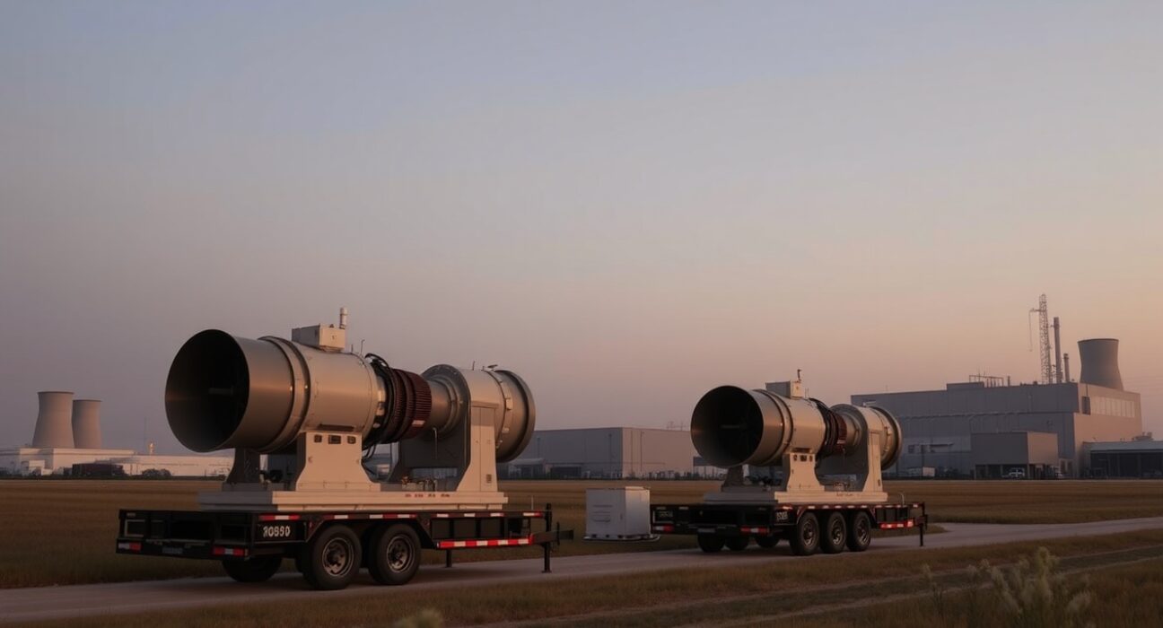 Industrial gas turbines on trailers at a data center site near Memphis, with buildings in the background.