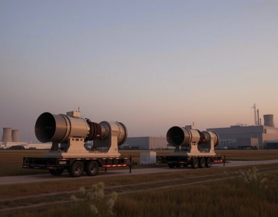 Industrial gas turbines on trailers at a data center site near Memphis, with buildings in the background.