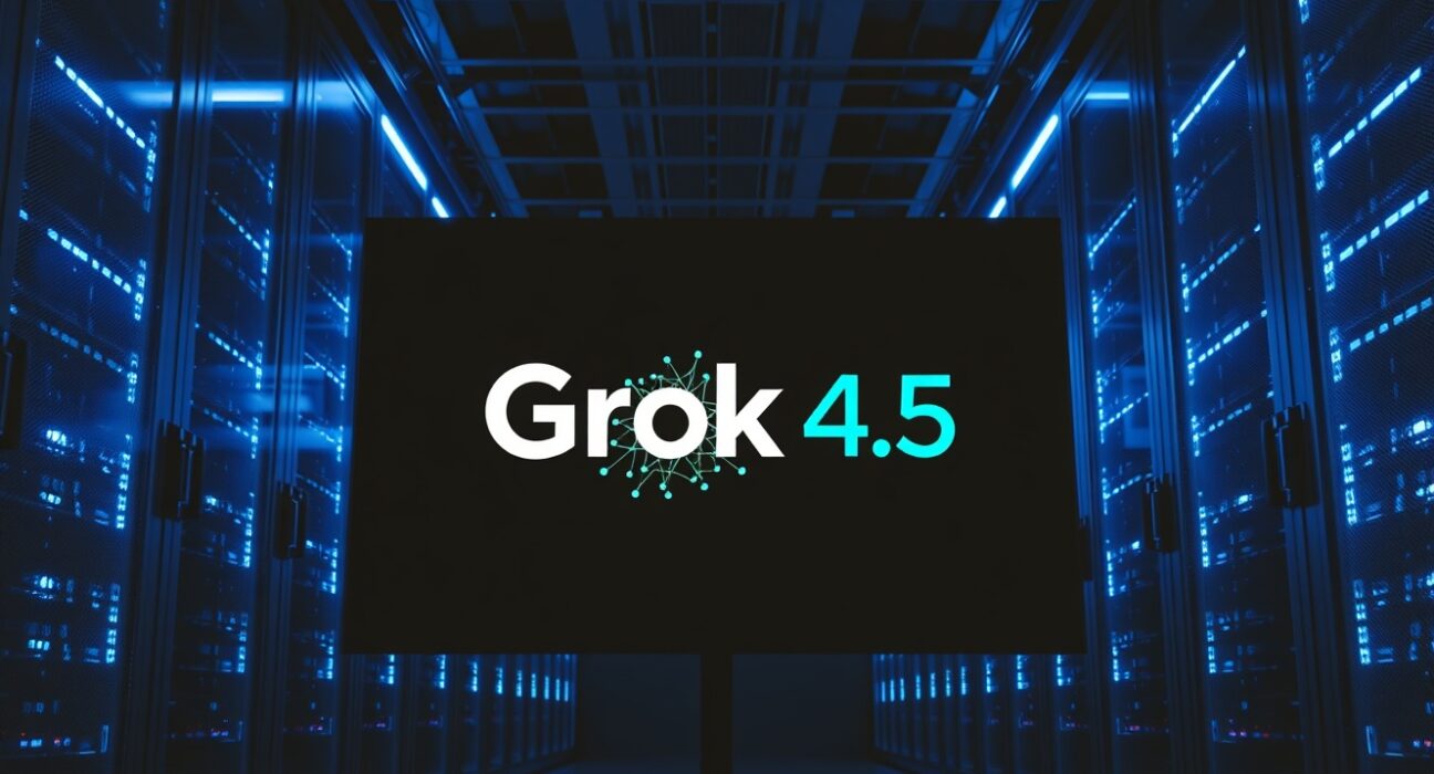 Data center with Grok 4.5 display screen and blue LED server racks