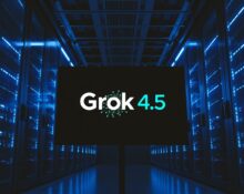 Data center with Grok 4.5 display screen and blue LED server racks