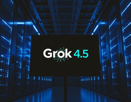 Data center with Grok 4.5 display screen and blue LED server racks