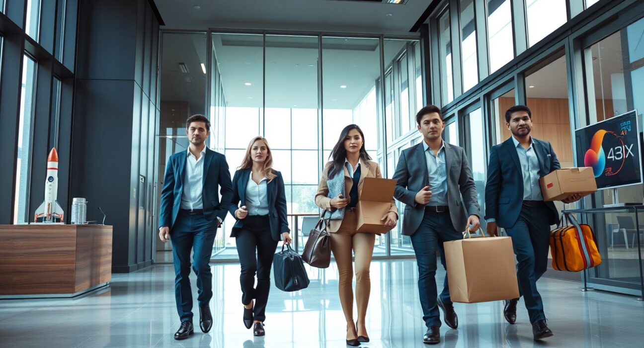 Employees leaving a modern office building with boxes, representing the talent exodus at SpaceXAI.